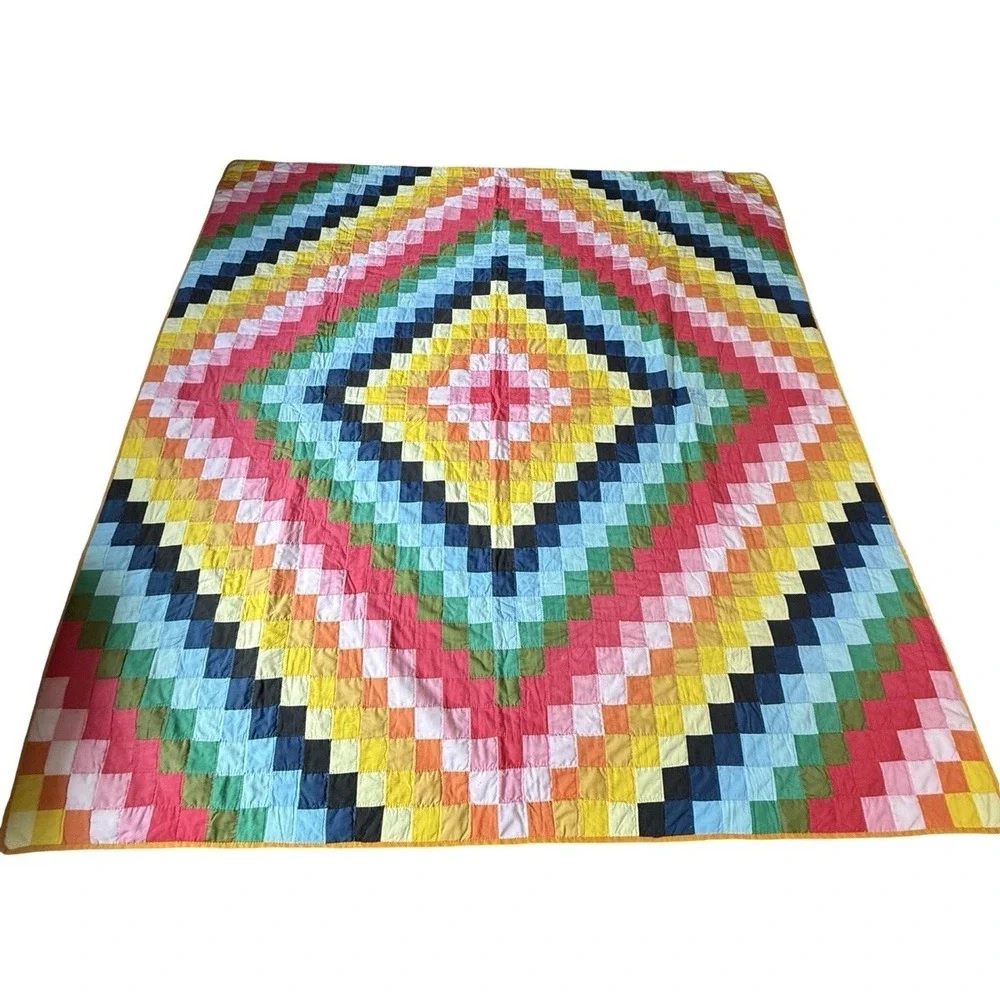 Vintage Diamond Trip Around The World Patchwork Quilt Handmade Rainbow